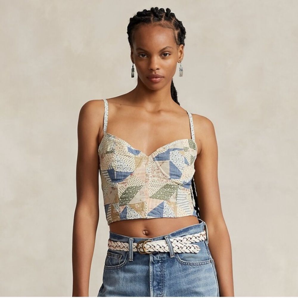 Polo by Ralph Lauren Patchwork Print Crop Top in Cream, Blue, Green